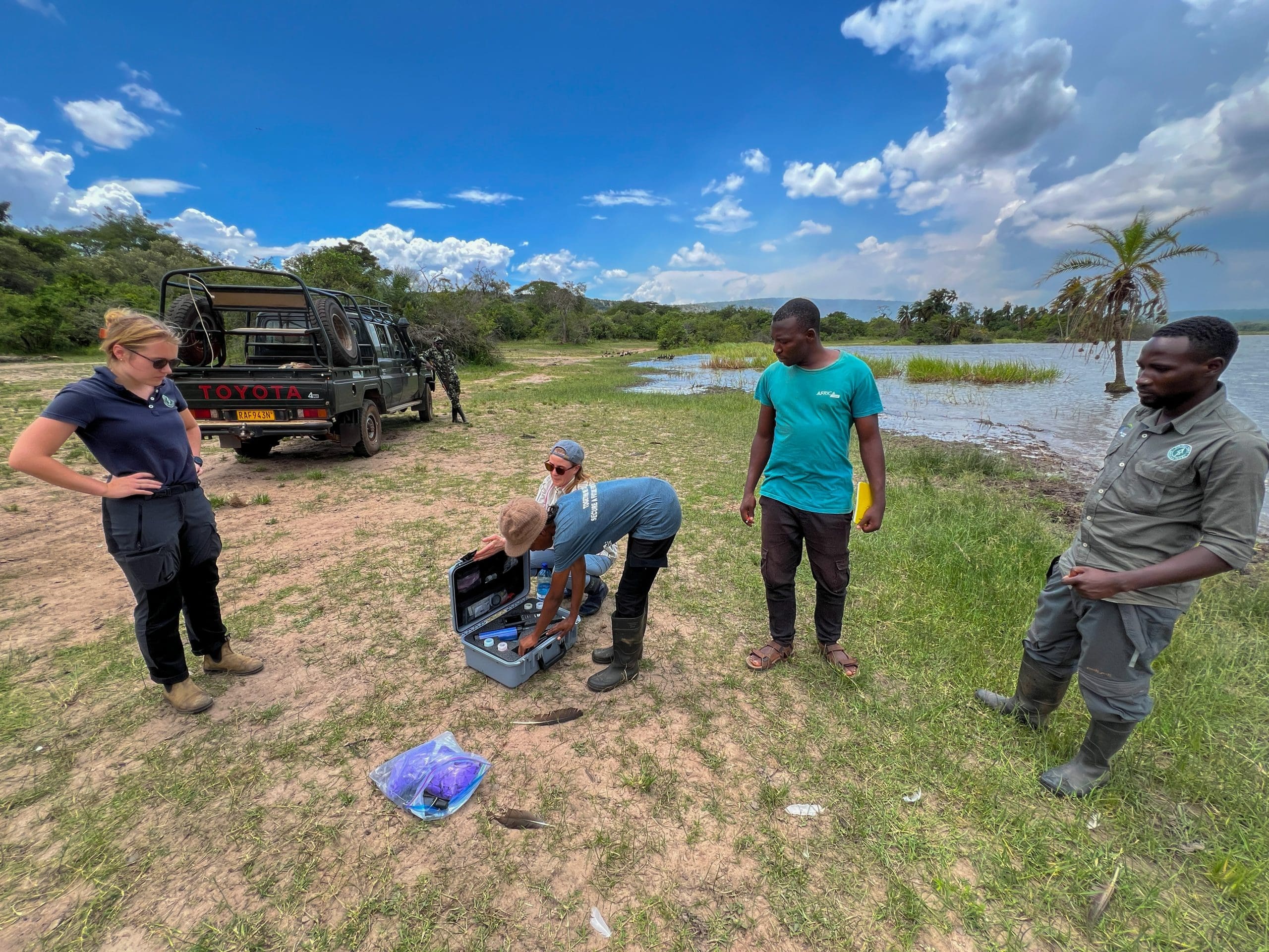 The team checks the equipment twice before heading out for a day of sampling on the rivers of Akagera National Park.